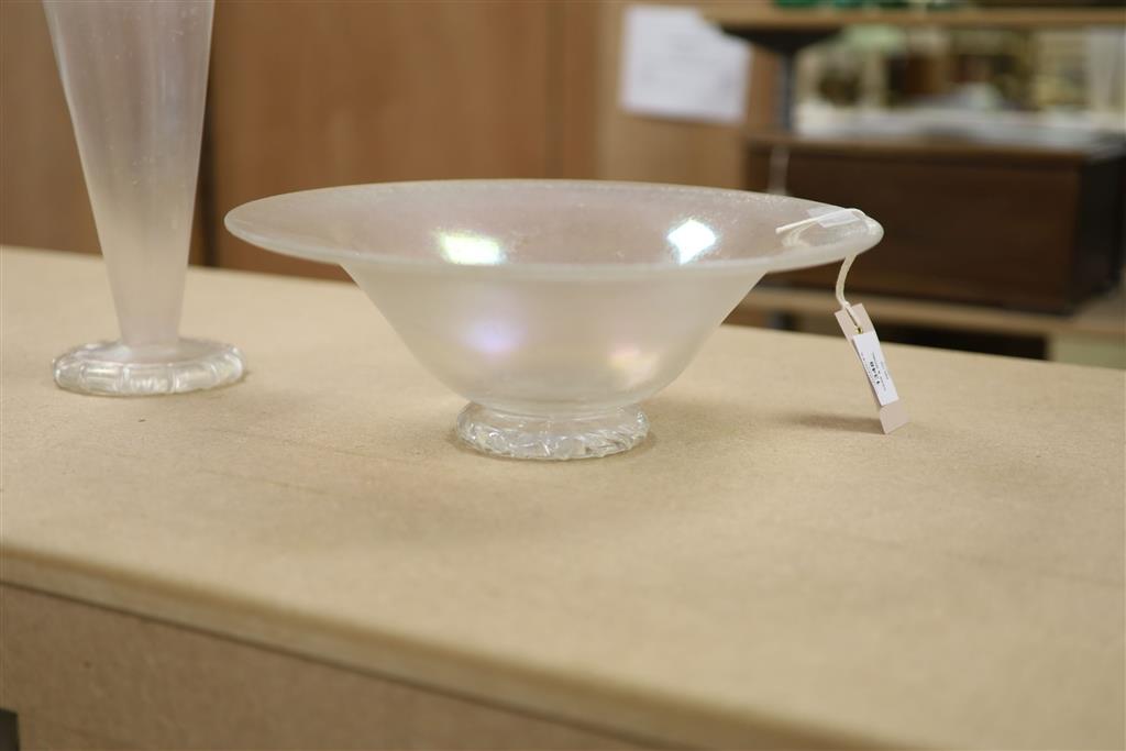 An Anthony Stern lustre glass, a bowl and a vase, a glass floral painted French plaffonier and a marbled glass plaffonier